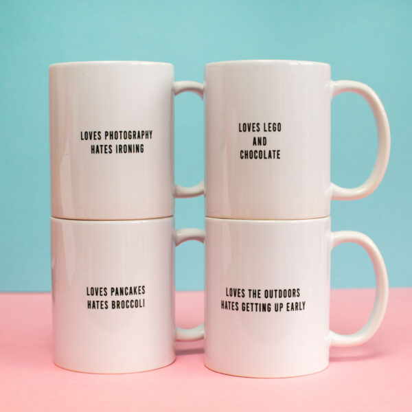 4 mugs with writing on the side