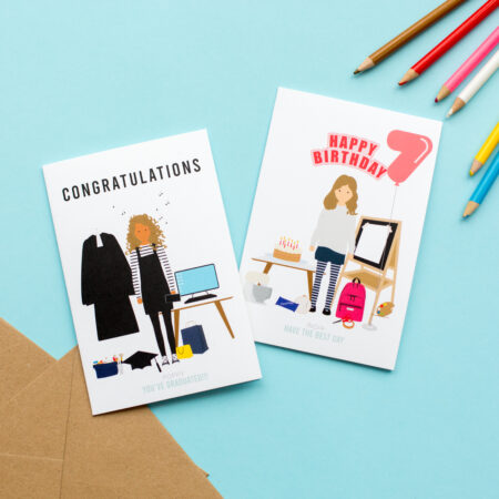 Cards showing graduation and birthday